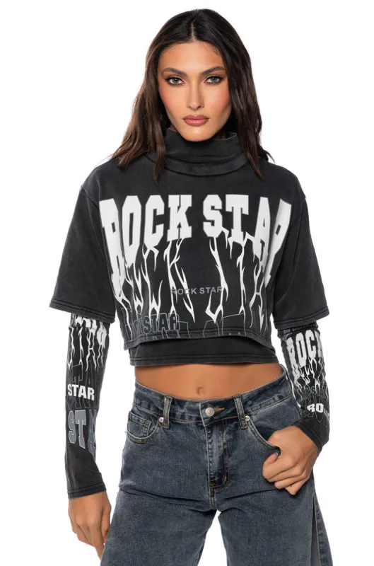 ROCK STAR GRAPHIC LAYERED TURTLE NECK TOP sold by AKIRA