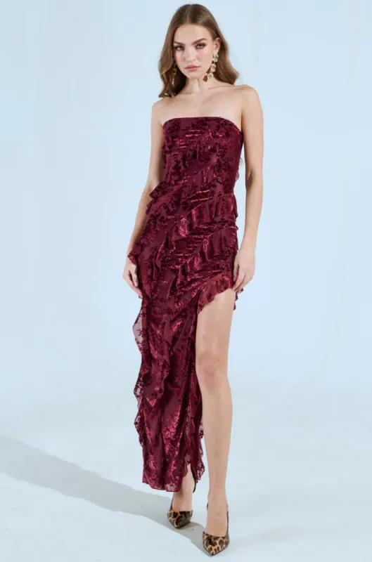 CYRUS VELVET MAXI DRESS IN BURGUNDY sold by AKIRA