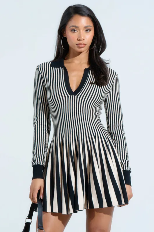 ALINA PLEATED KNIT FIT AND FLARE MINI DRESS WITH LONG SLEEVES sold by AKIRA