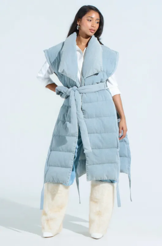 PILOT JONES LONG LINE PUFFER VEST IN DENIM sold by AKIRA