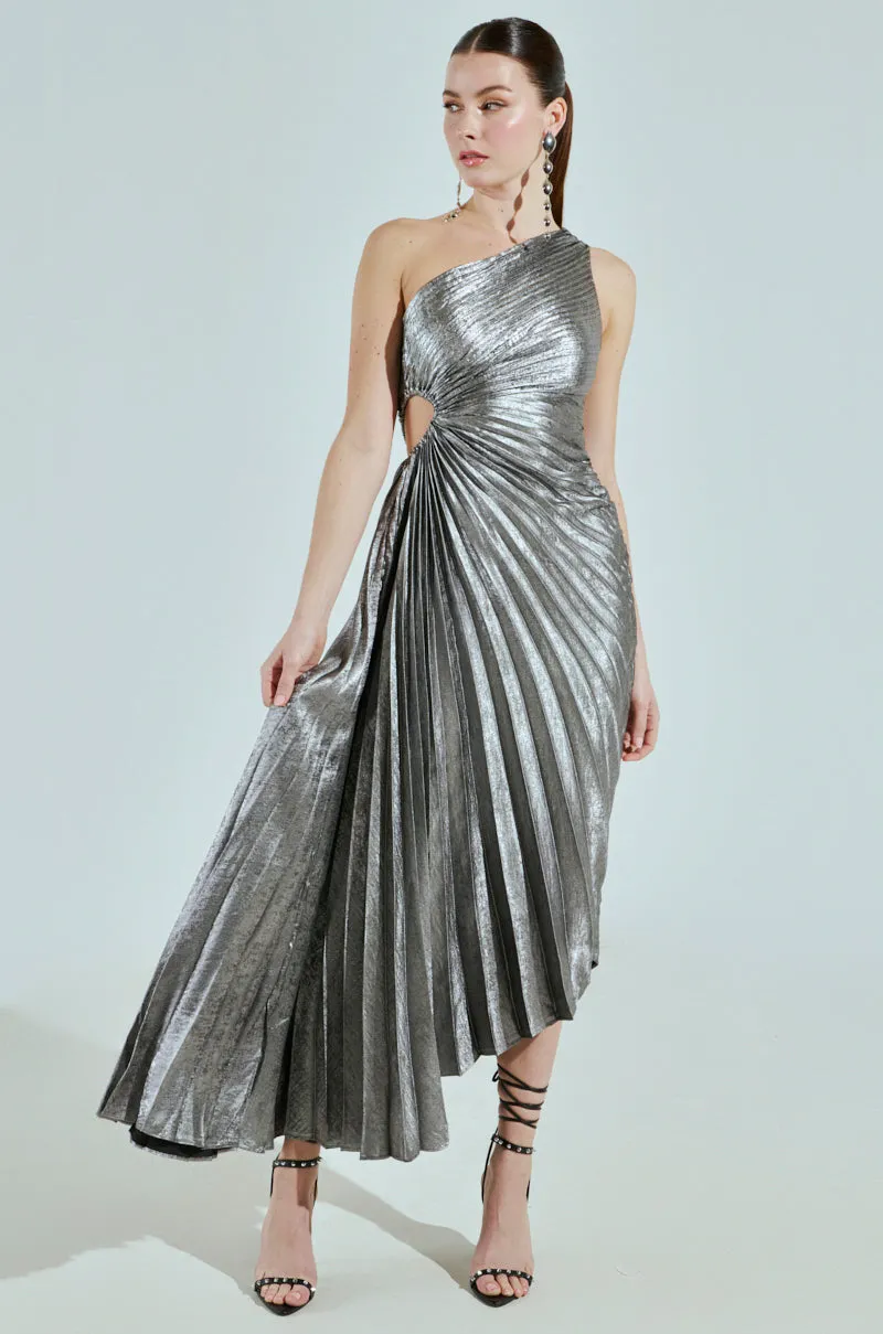 A LITTLE PARTY PLEATED MIDI DRESS IN SILVER sold by AKIRA
