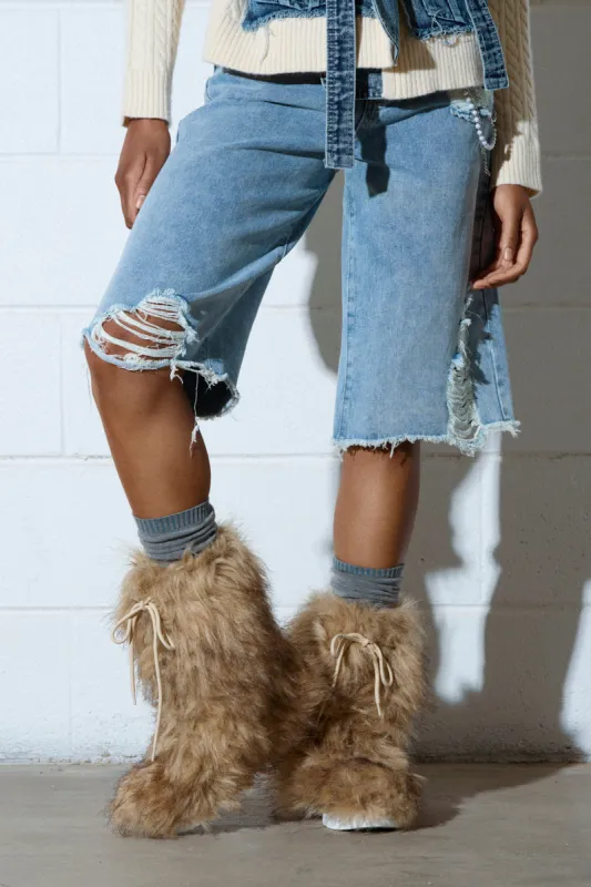 AZALEA WANG HAYES BROWN FUR LACE UP FLAT BOOTIE sold by AKIRA