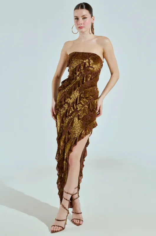 CYRUS VELVET MAXI DRESS IN BROWN sold by AKIRA