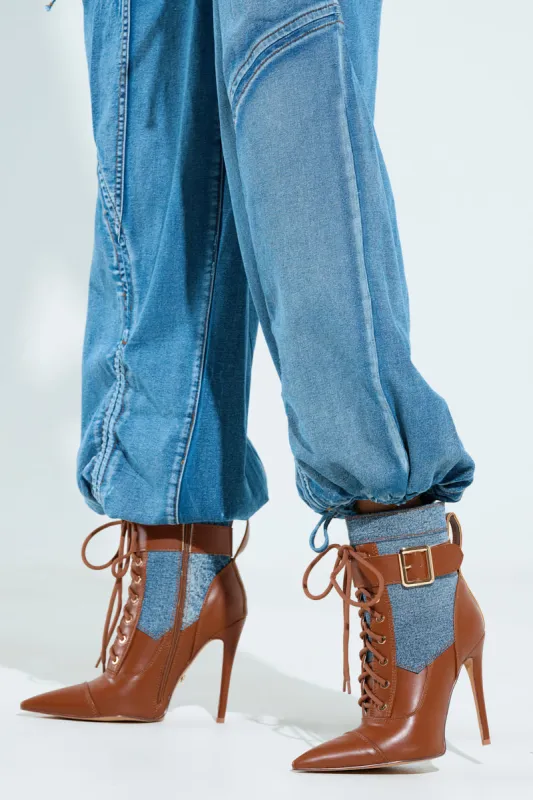 AZALEA WANG JUHI TAN STILETTO COLORBLOCKED BOOTIE sold by AKIRA