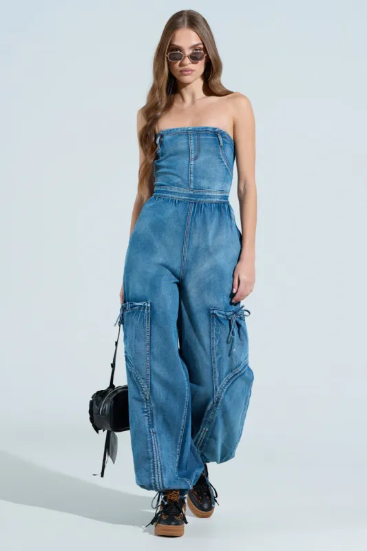 JUMPING AROUND DENIM JUMPSUIT sold by AKIRA