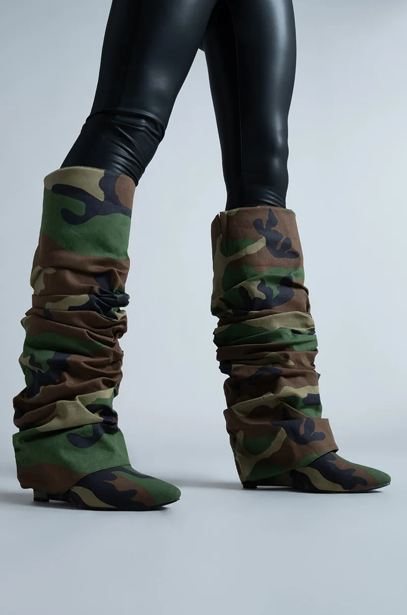 AZALEA WANG ZUMMA CAMO WEDGE BOOT sold by AKIRA