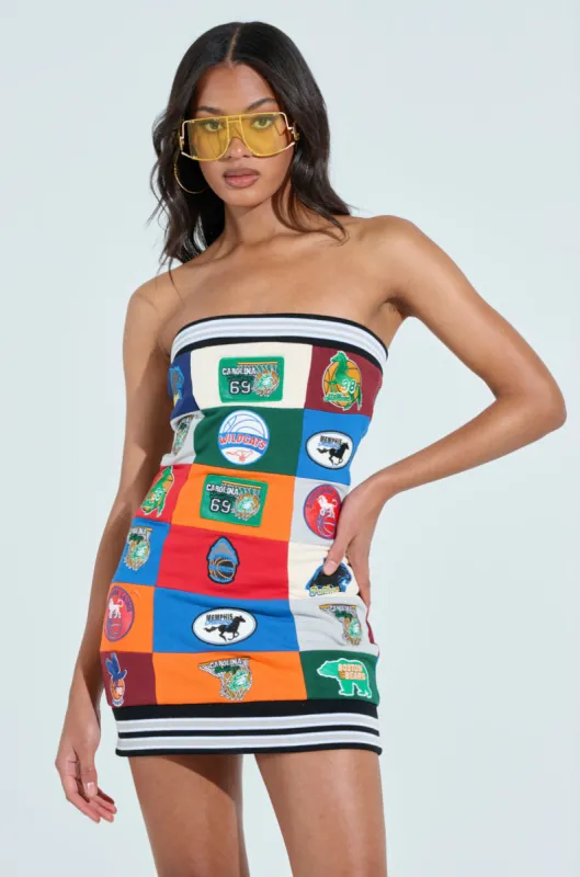 ALL AROUND THE WORLD PATCHWORK MINI DRESS sold by AKIRA