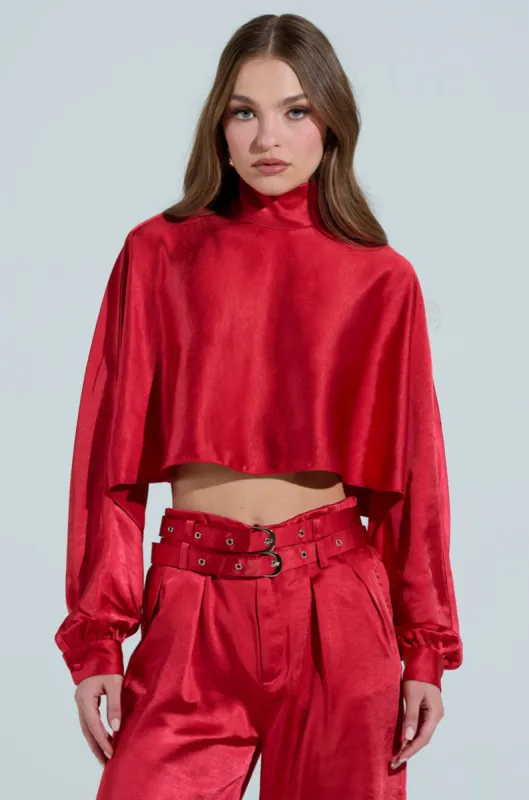 FEELIN' THE LOVE SATIN MOCK NECK BLOUSE IN RED sold by AKIRA
