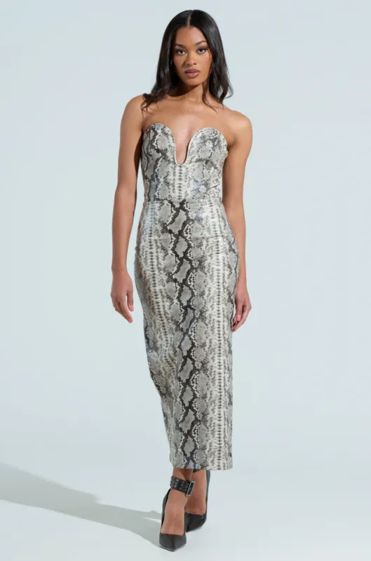 DROP IT LOW SNAKE MIDI DRESS sold by AKIRA