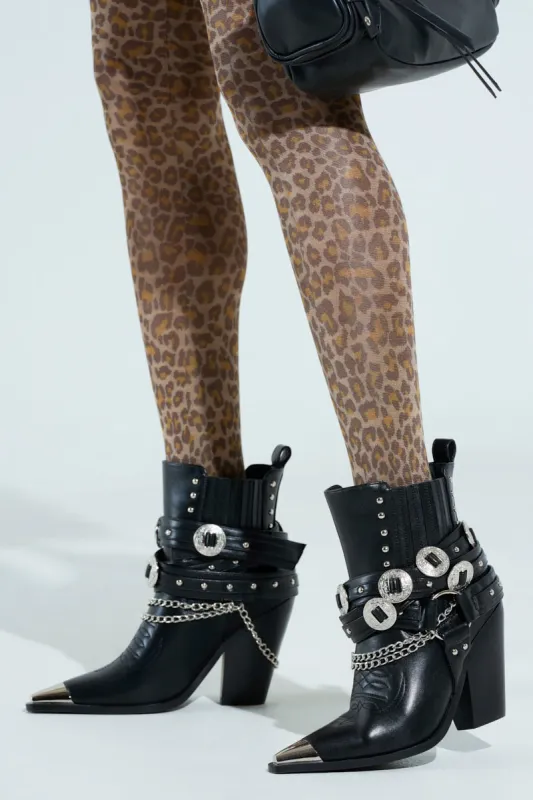 AZALEA WANG RIGGINS BLACK SILVER HARDWARE EMBELLISHED WESTERN BOOTIE sold by AKIRA