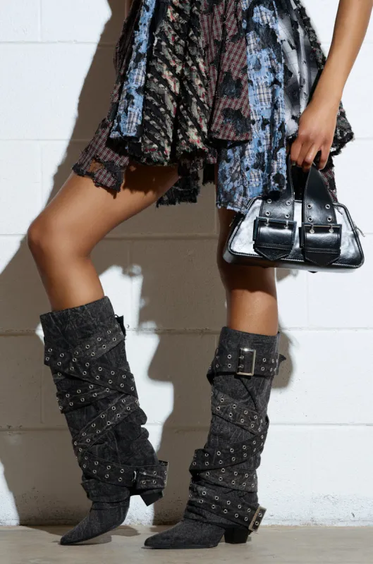 CENSORED BLACK DENIM BELTED CHUNKY BOOT sold by AKIRA