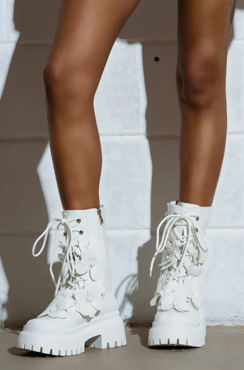 AZALEA WANG DEVOIR WHITE FLOWER EMBELLISHED COMBAT BOOTIE sold by AKIRA