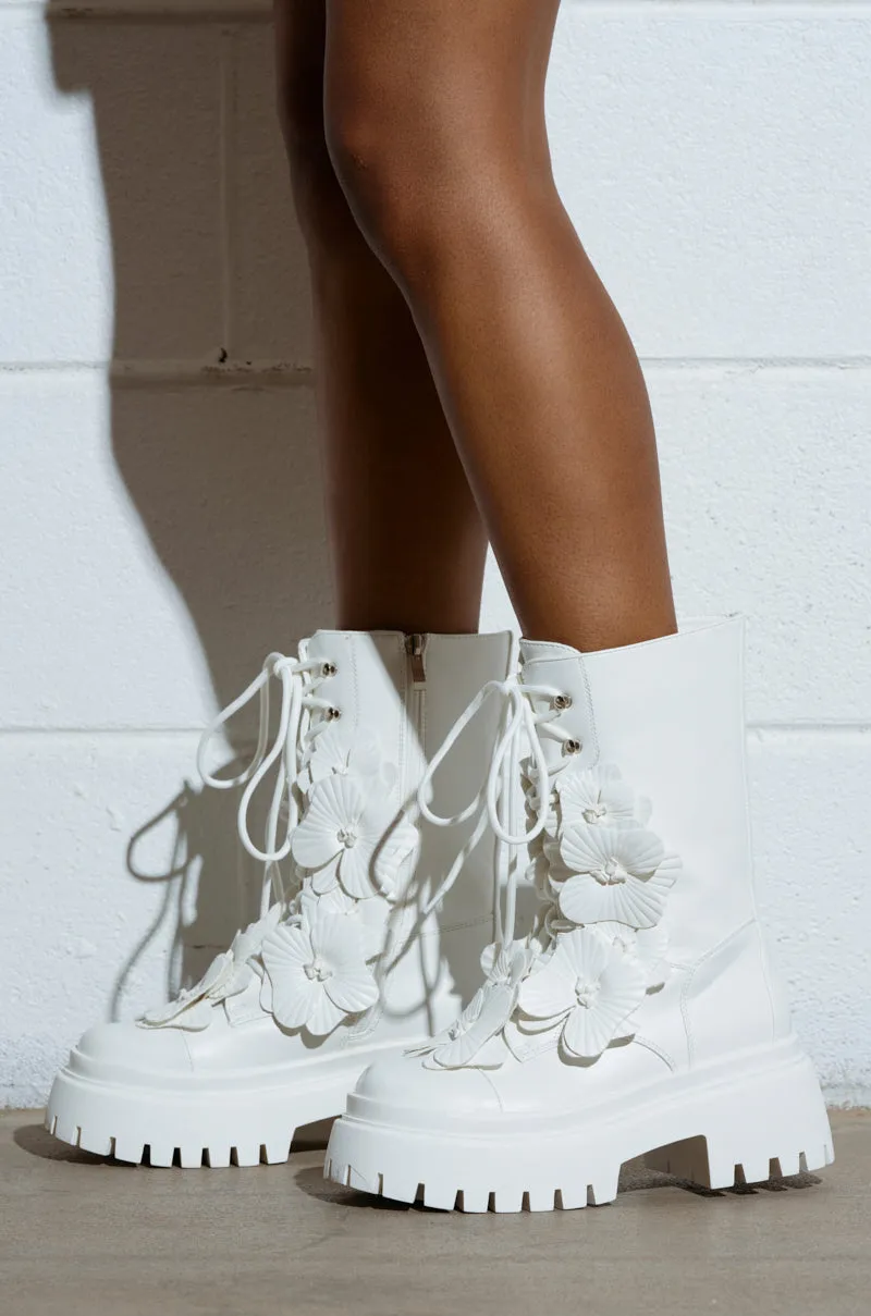 AZALEA WANG DEVOIR WHITE FLOWER EMBELLISHED COMBAT BOOTIE sold by AKIRA product image thumbnail 2