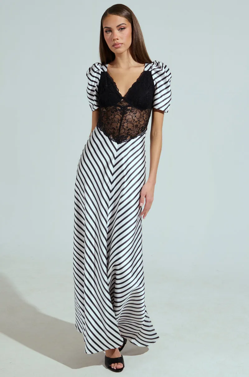 LYDIA LACE AND SATIN MAXI DRESS sold by AKIRA