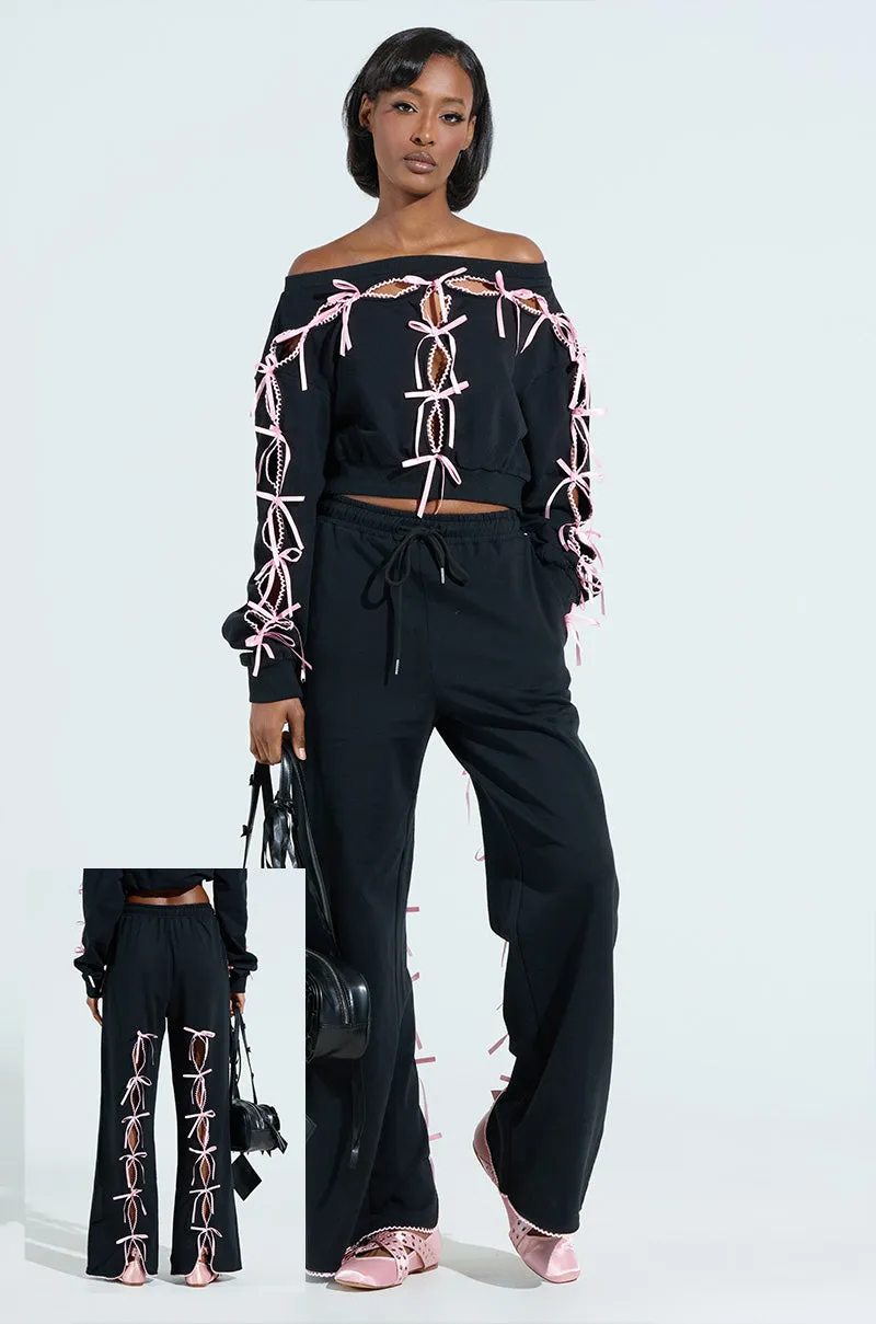 YES PLZ WIDE LEG JOGGER WITH BOWS sold by AKIRA