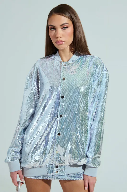 MA CHERIE OVERSIZED SEQUIN BOMBER sold by AKIRA
