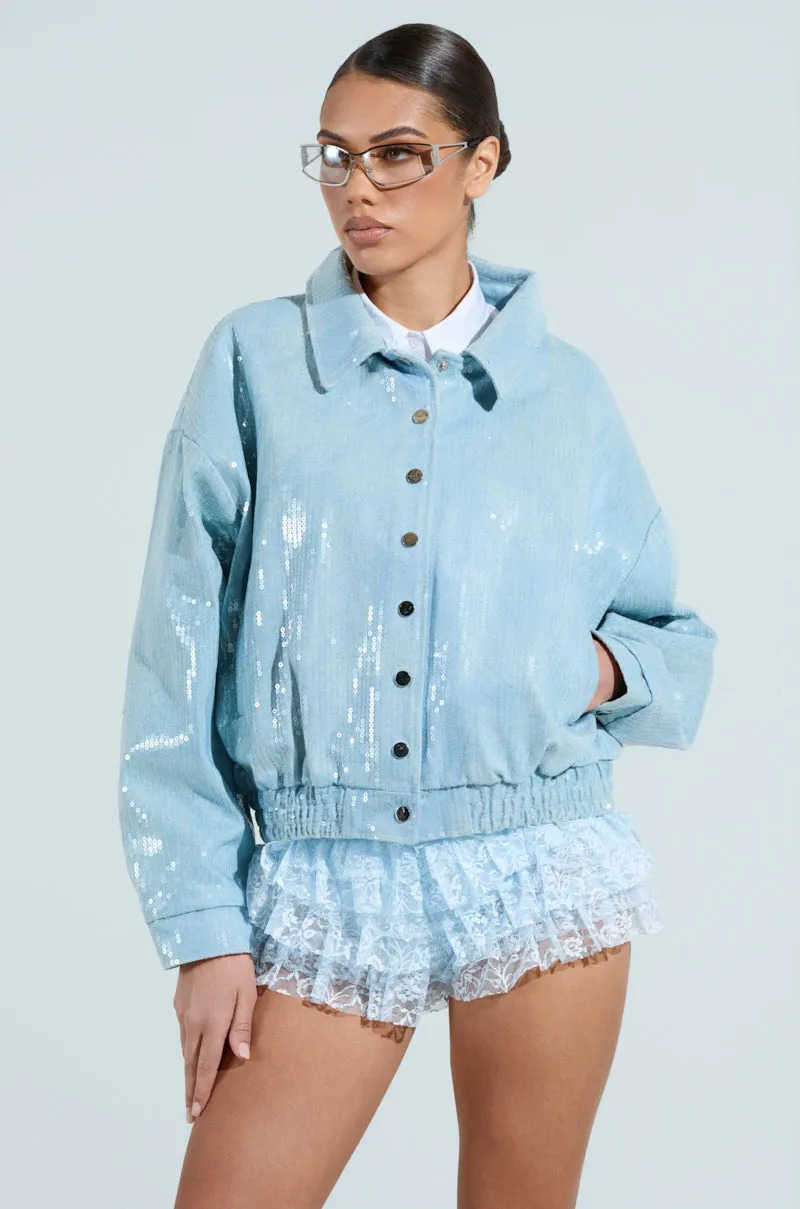 SEQUIN OVERLAY DENIM BOMBER sold by AKIRA