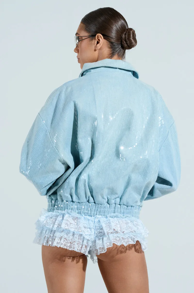 SEQUIN OVERLAY DENIM BOMBER sold by AKIRA product image thumbnail 5