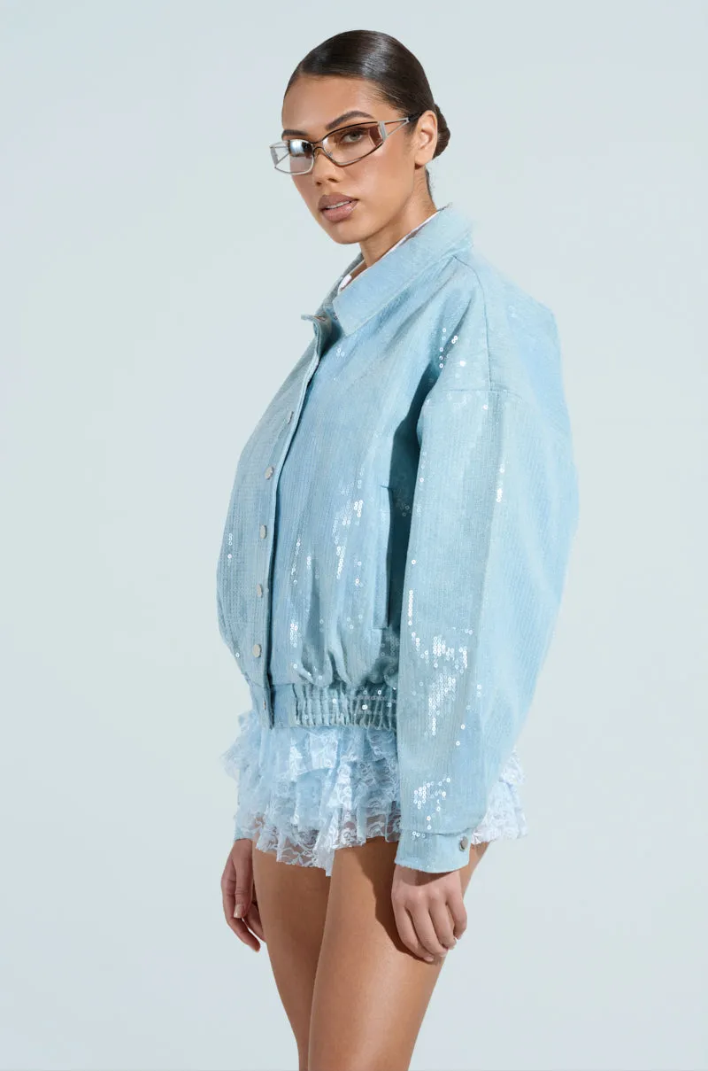 SEQUIN OVERLAY DENIM BOMBER sold by AKIRA product image thumbnail 4