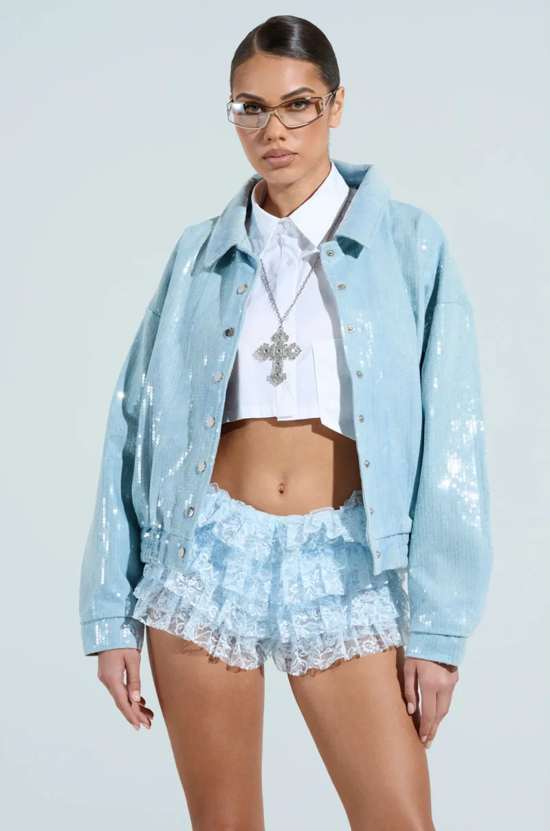 SEQUIN OVERLAY DENIM BOMBER sold by AKIRA product image thumbnail 2