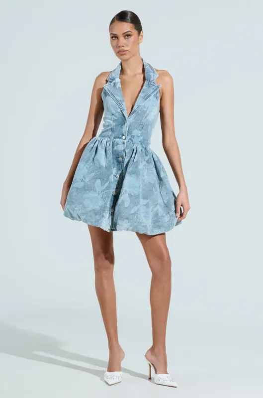 DAISY PRINTED DENIM MINI DRESS sold by AKIRA