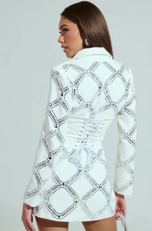 LOOK AT ME RHINESTONE BLAZER DRESS IN WHITE sold by AKIRA