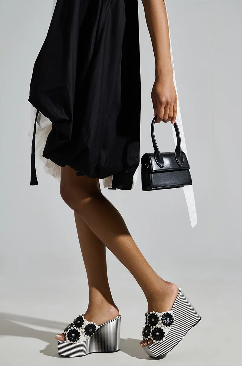 AZALEA WANG FREA WHITE AND BLACK STRIPED FLORAL WEDGE SANDAL sold by AKIRA