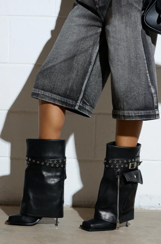 AZALEA WANG SAYLAH BLACK FOLD OVER STILETTO BOOTIE sold by AKIRA