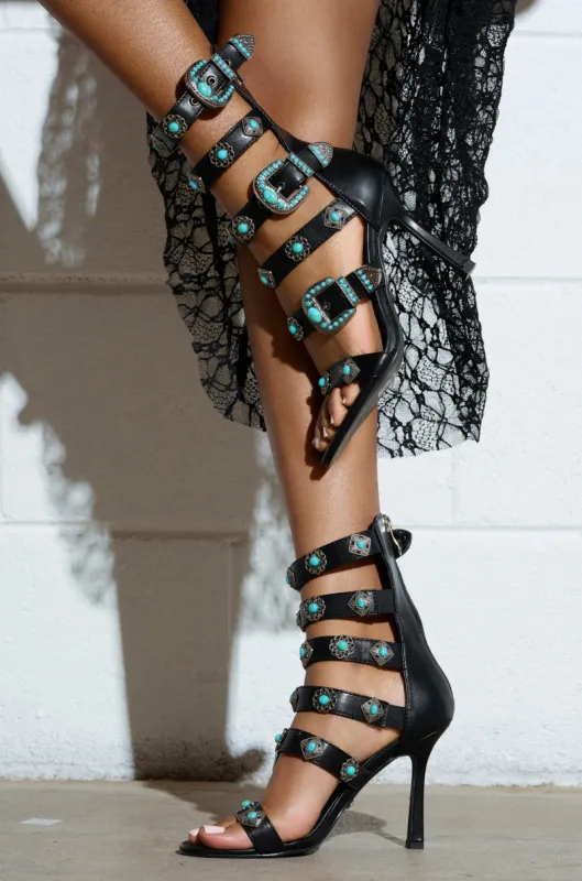 AZALEA WANG MACAW BLACK EMBELLISHED GLADIATOR STILETTO SANDAL sold by AKIRA