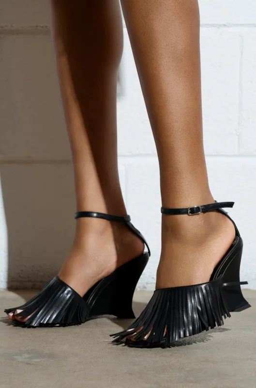 AZALEA WANG FASCIA BLACK FRINGE WEDGE SANDAL sold by AKIRA