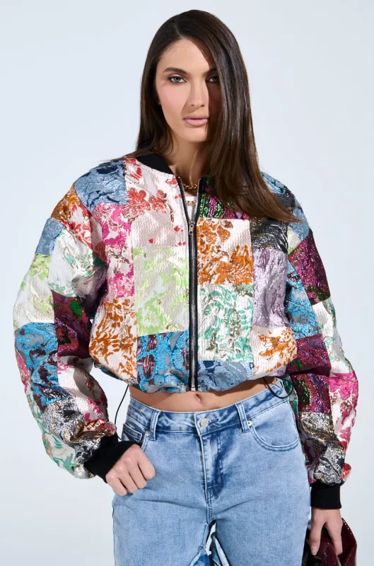 THAT GIRL PATCHWORK BROCADE BOMBER sold by AKIRA