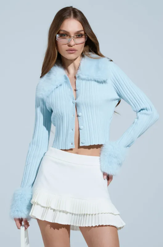 ANGEL EYES FUR TRIM CARDIGAN IN BLUE sold by AKIRA