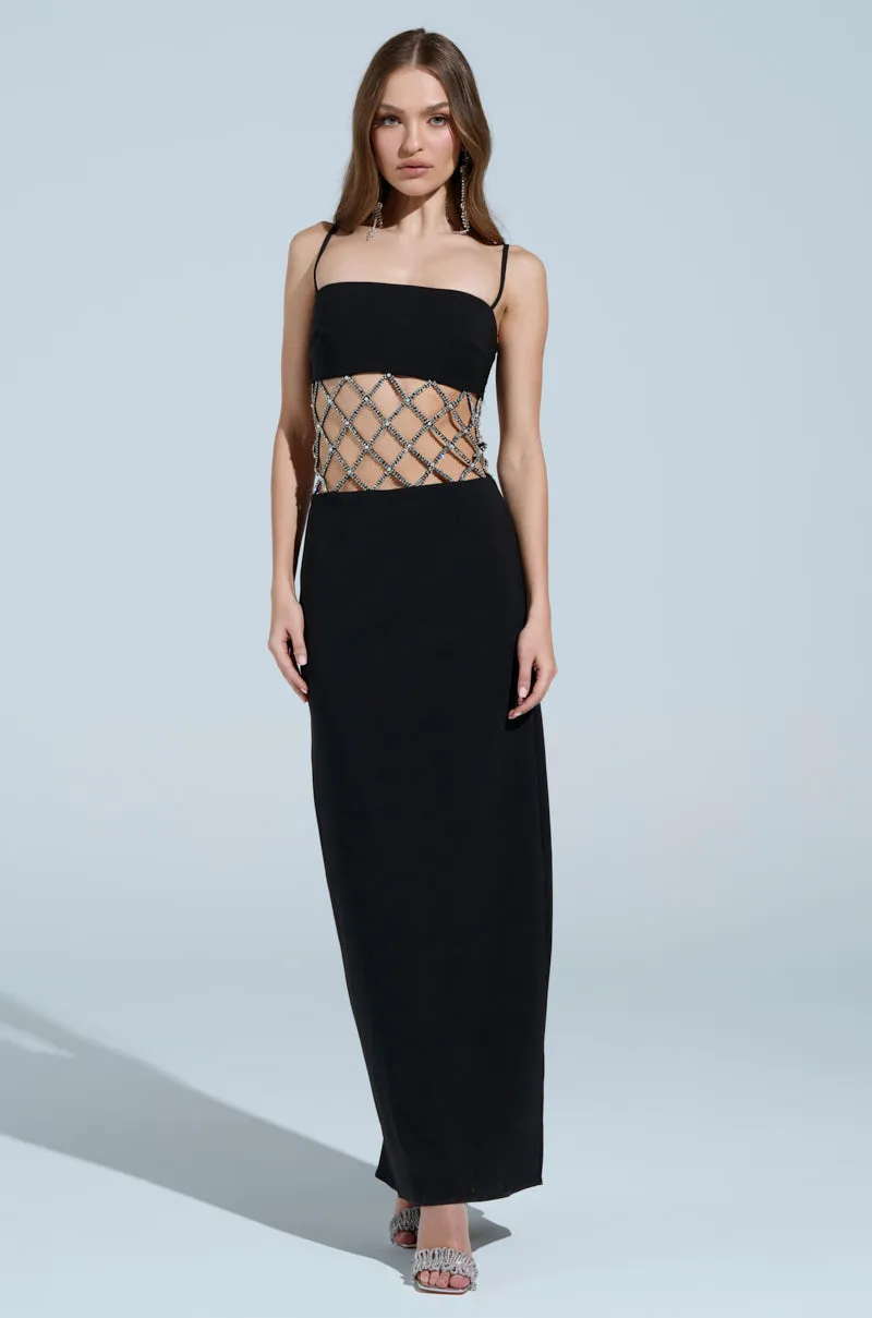 TAKE IT BLACK MIDI DRESS WITH RHINESTONE CUTOUT sold by AKIRA