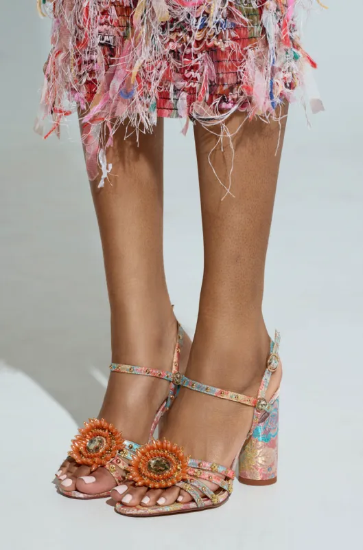 AZALEA WANG KOAN PINK BROCADE CHUNKY SANDAL sold by AKIRA