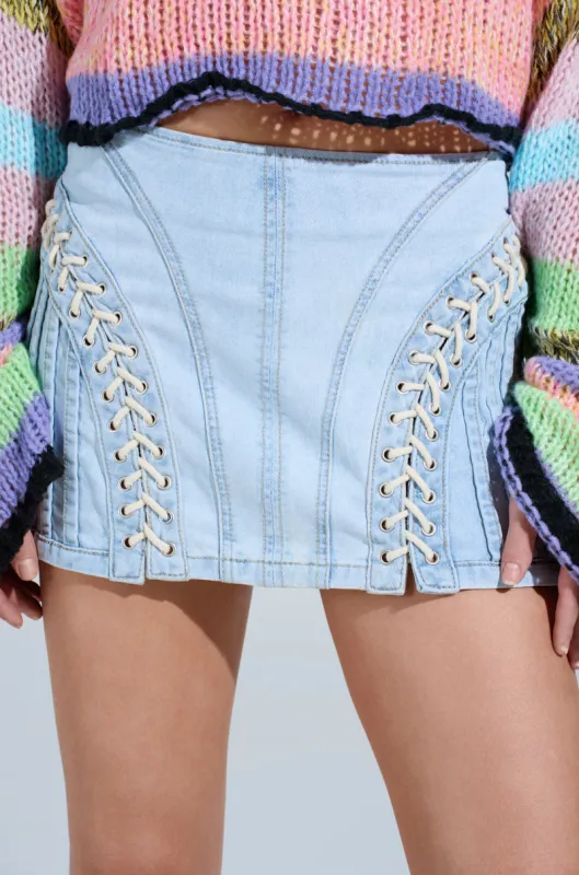 DONT THINK ABOUT IT DENIM MINI SKIRT sold by AKIRA