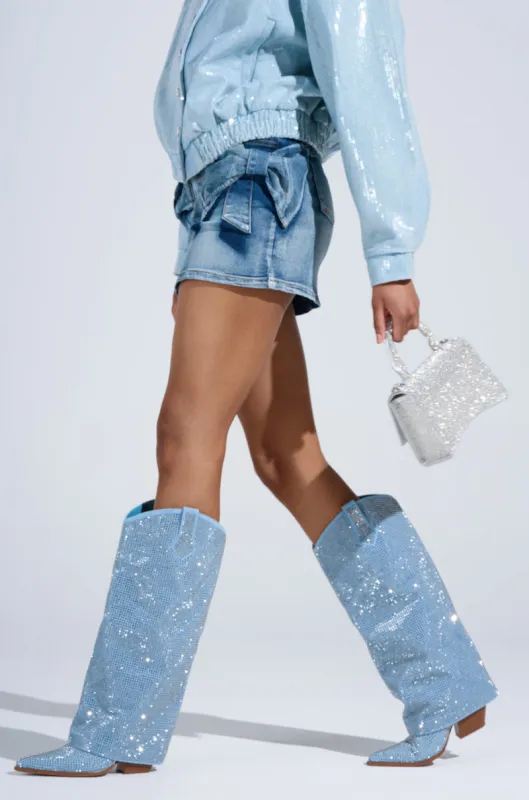 AZALEA WANG BANIAN DENIM WESTERN RHINESTONE BOOT sold by AKIRA