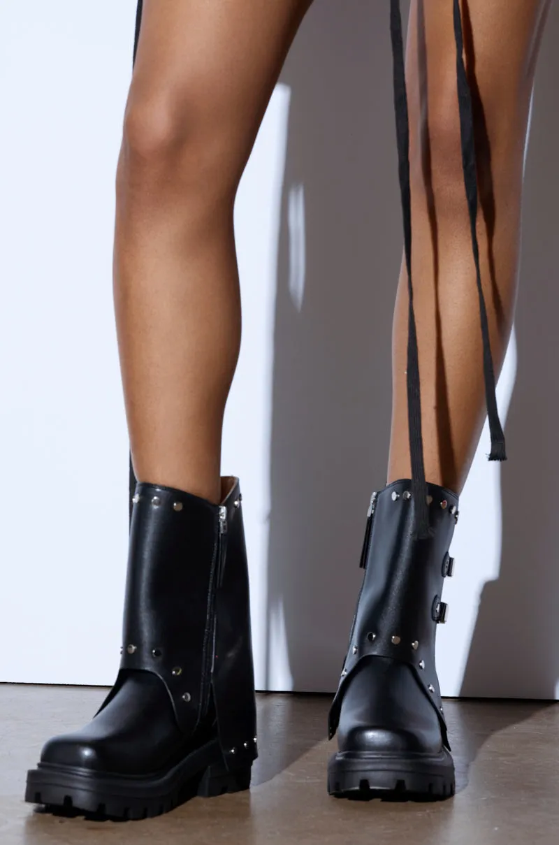 AZALEA WANG XAVIER BLACK WITH METAL FLAT BOOTIE sold by AKIRA