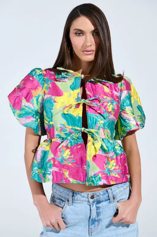 CARIBBEAN VIBES BROCADE TIE FRONT BLOUSE sold by AKIRA