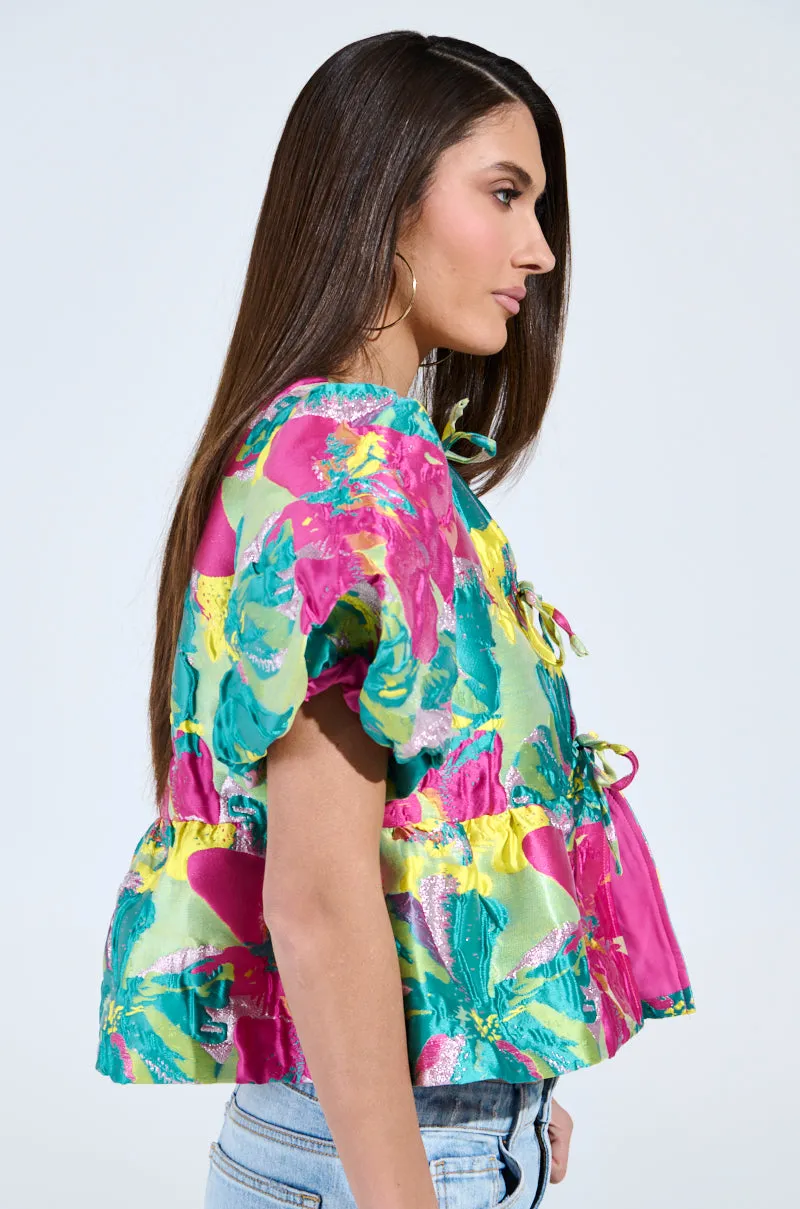 CARIBBEAN VIBES BROCADE TIE FRONT BLOUSE sold by AKIRA product image thumbnail 3