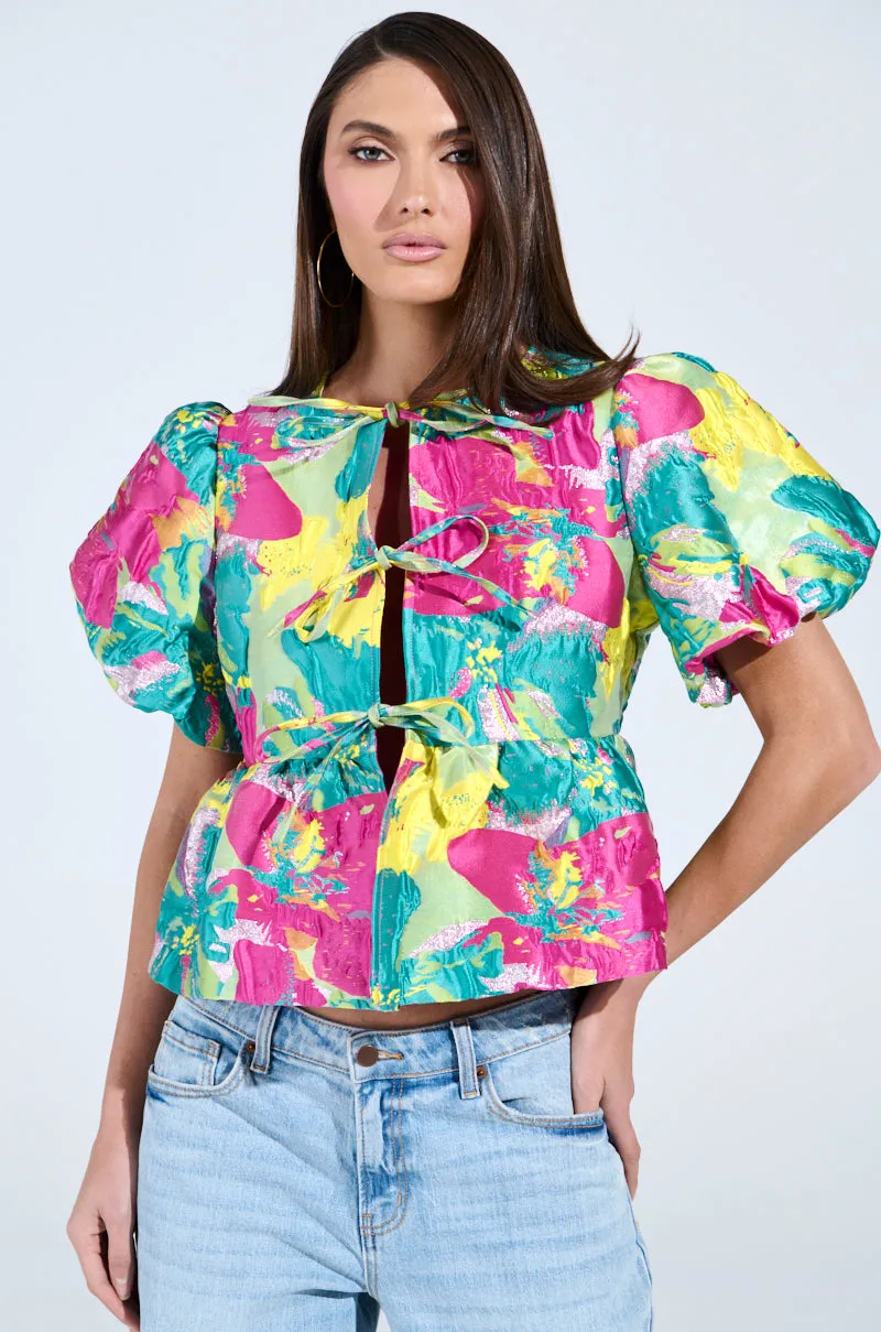 CARIBBEAN VIBES BROCADE TIE FRONT BLOUSE sold by AKIRA product image thumbnail 2