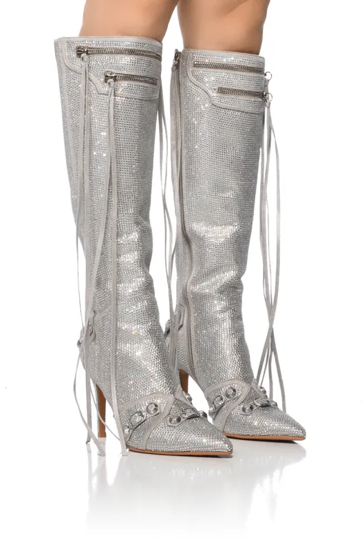 AZALEA WANG MAEVE STILETTO BOOT IN EMBELLISHED SILVER sold by AKIRA