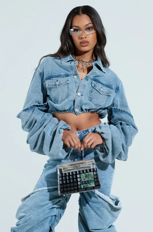 STACKED SLEEVE DENIM JACKET sold by AKIRA