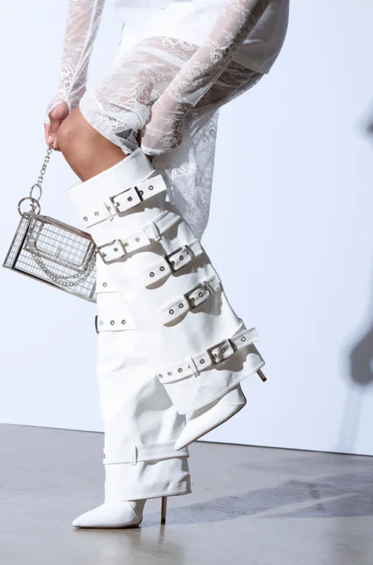 AZALEA WANG FROST WHITE BELTED STILETTO BOOT sold by AKIRA