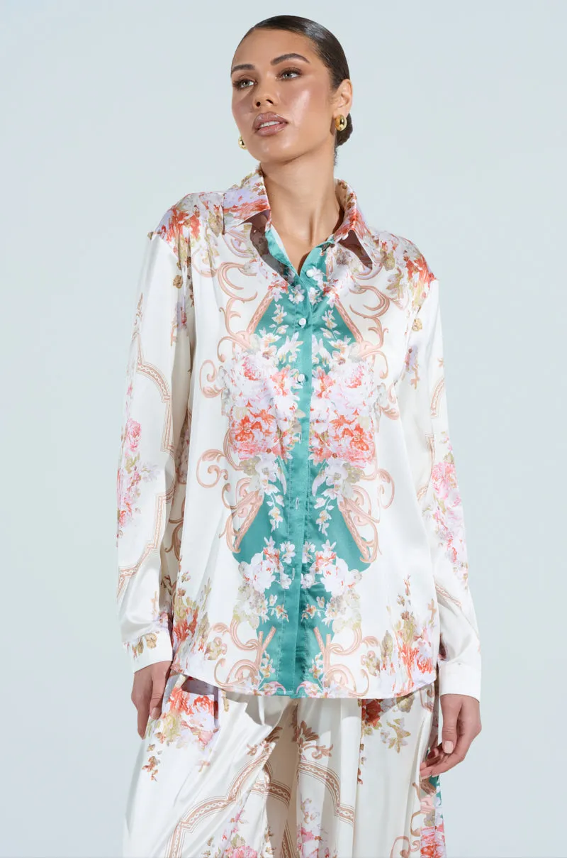 FLORAL GARDEN OVERSIZED SATIN BLOUSE sold by AKIRA