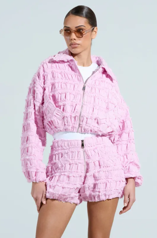 BUBBLEGUM BUBBLE HEM BOMBER sold by AKIRA