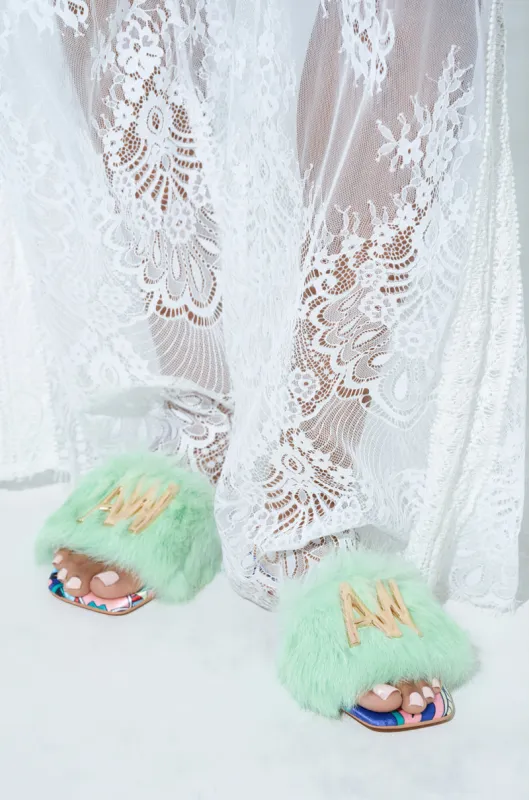 AZALEA WANG RAFAELA GREEN SLIP ON FURRY SANDAL sold by AKIRA
