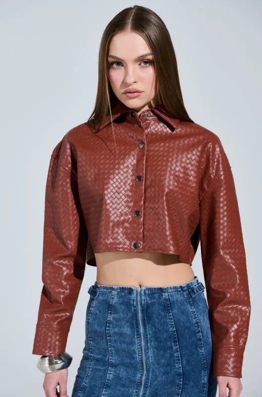LUXURY GIRL WOVEN PU CROPPED BUTTON UP SHIRT sold by AKIRA