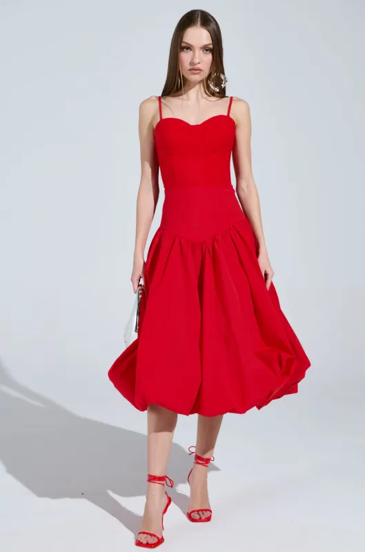 I FOUND YOU DROP WAIST MIDI SKIRT IN RED sold by AKIRA