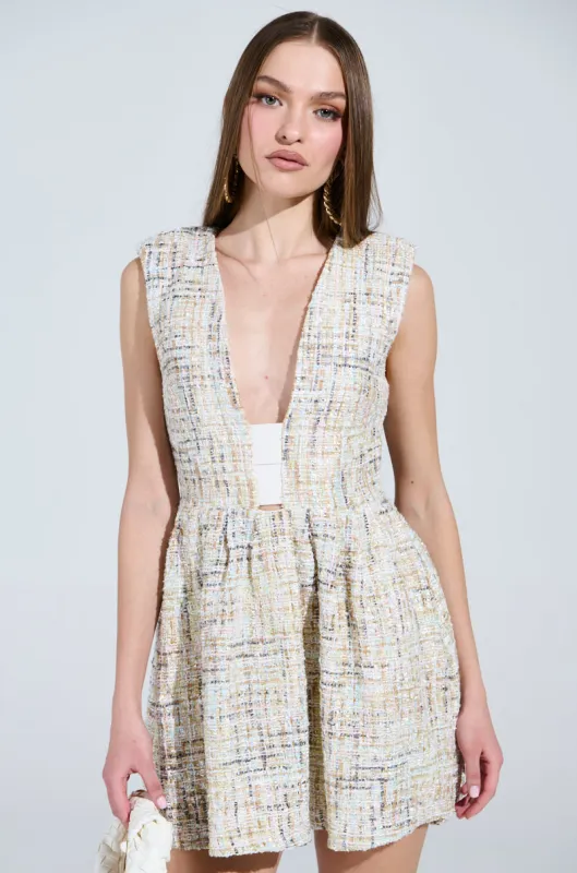 JUST A GIRL TWEED MINI DRESS IN WHITE sold by AKIRA