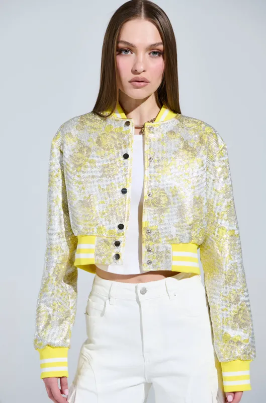 SOLEIL RHINESTONE BROCADE BOMBER sold by AKIRA